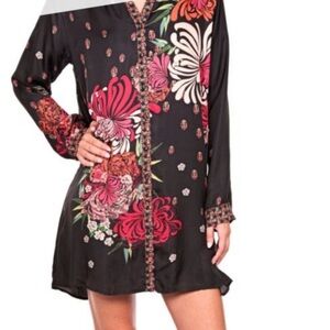 Johnny Was Black Floral Silk Button Front Tunic